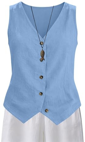 Generisk väst dam elegant, linneblus dam sommar vintage, linne med knappar kostymväst v-ringad sommarväst lätt damvästar oversize kavaj affärstunika, ärmlösa toppar, Ljusblå, XXL