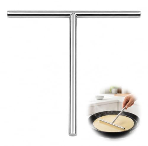 Nify Crêpes-distributör av rostfritt stål, T-formad crepefördelare med långt handtag, crêpes-tillbehör för att fördela pannkakssmet, enhetliga crepes lätta att förbereda, silver