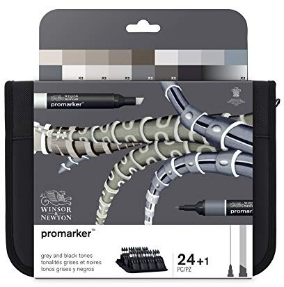 Winsor & Newton 0290081 ProMarker (im Wallet, Professioneller Layoutmarker-2 Spitzen, fein und breit für Zeichnungen, Design und Layouts) 24 Farben Set schwarz/grautöne