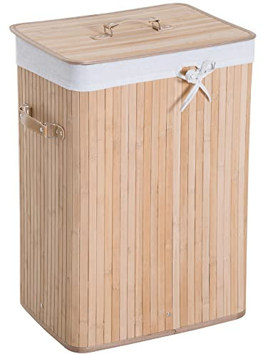 HOMCOM Cesto para Ropa Sucia Plegable de Bambú Cesto para Ropa Sucia con Tapa Asas y Bolsa Extraíble para Baño 40x30x60 cm Natural