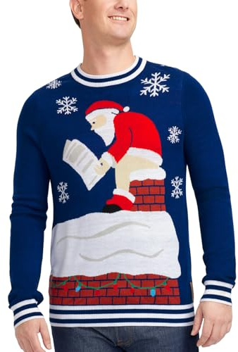 Tipsy Elves Men's Ugly Christmas Sweaters - Funny Christmas Sweaters for Men - Fun Holiday Pullovers - Men's Hilarious Blue Pooping Santa Claus Ugly Christmas Sweater Size Large
