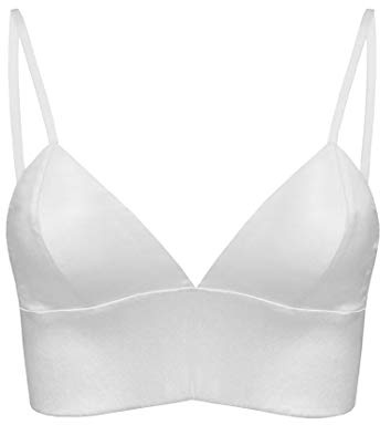 SilRiver Silk Satin Bralette Womens Triangle Bra Deep V Neck Croptops for Teens Wireless Bra(Large, White)