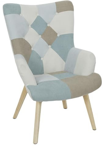 HOME DECO FACTORY, Fauteuil Style Scandinave pour Salon, Tissu Patchwork, Pieds Inclinés en Hévéa, Formes arrondies, Assise Moelleuse, Capitonné, Dossier Haut, Bleu, 68x99 x74 cm