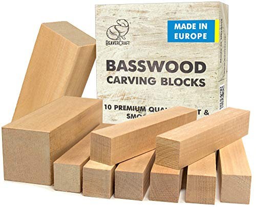 BeaverCraft Basswood Carving Blocks Set BW 10 PCS Wood Carving Kit - Whittling Wood - Soft Basswood Block for Crafts - Large Unfinished Wooden Blocks 2PCS 5 х 15 cm, 8PCS 2.6 х 15 cm
