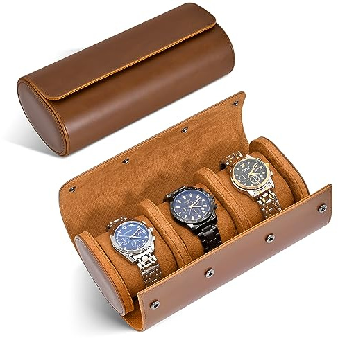 ROSELLE Watch Roll Travel Case for Men and Women- 3 Watch Storage and Organizer-Secure Storage with Innovative Removable Pillows & Solid Dividers for Home, Travel and Display(Brown)
