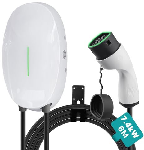 Teskee Cargador EV Tipo 2 Wallbox Home Smart EV Estación de Carga para Todos los vehículos eléctricos y Autos híbridos enchufables Uso en Exteriores e Interiores Máx 7,2kW 32A 6 Metros Monofásico