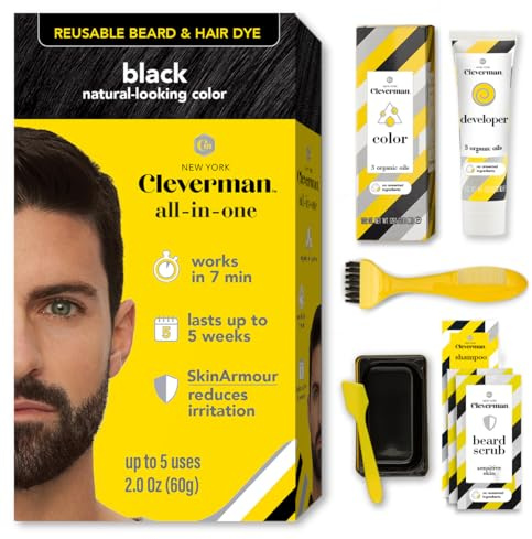 Cleverman Tinte para el cabello y la barba para hombres – Kit todo en uno – Pintura para hombres para cobertura natural contra canas, calidad profesional, sin amoniaco, para ocultar las canas, barba