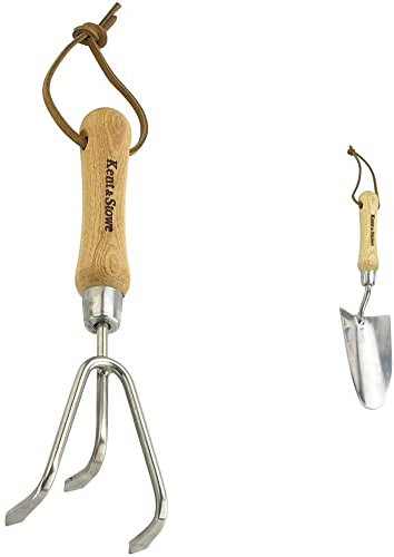 Kent & Stowe 3 Zinken-Grubber – Handgrubber aus Edelstahl, zum Aufbrechen verhärteter Böden, 28 cm & Handschaufel – Blumen-Kelle aus Edelstahl zum Pflanzen und Umtopfen, 33,5 cm