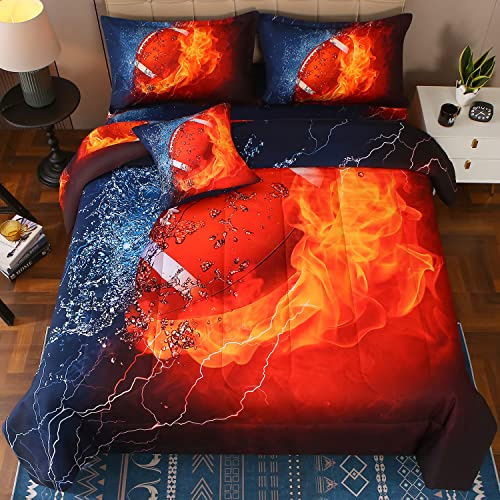 JQinHome Twin Football and Fire Comforter Sets for Boys,6 Piece Bed in A Bag 3D Sport Themed Bedding -All Season Soft Microfiber Bedding Sets with Pillowcase, Flat Sheet, Fitted Sheet,Cushion Cover