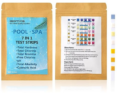 SBINTUOR Strisce Test per Piscina pH e Cloro 7 in 1 - Analisi Acqua di Durezza, Cloro, Bromo, Alcalinità, Acido Cianurico - 50 Strisce