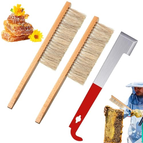 Portable Bee Keeping Starter Kit,Beekeeping Supplies 1PC Stainless Steel J Hook Hive Tool and 2PCS Bee Brush with Wooden Handle, Bee Hive Tool Reusable Bee Supplies for Beekeepers