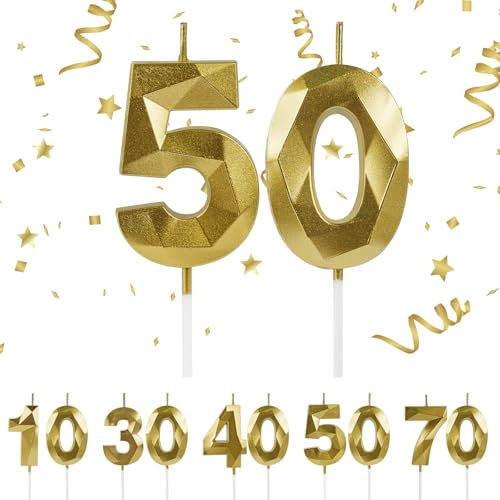 URAQT Candele di Compleanno Numero, Candele di Compleanno Oro Glitter, Adatto A Feste di Compleanno, 2 Candele Digitali 3D, Feste di Anniversario di Matrimonio, Serate di Laurea (50)