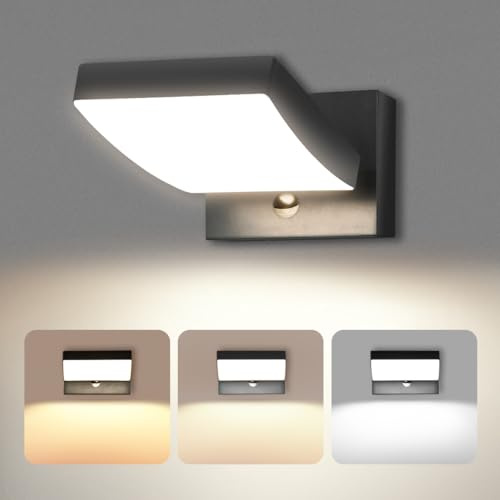 GeyouLux 24W 3CCT LED Applique Esterno/Interno con Sensore di Movimento, Lampade da Parete Orientabile IP65 Applique da Parete in Alluminio per Giardini Ingresso Terrazza, 192 LED, 3500LM, Nero
