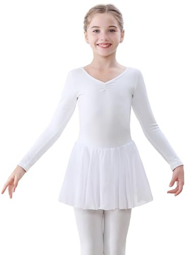 FONLAM Ballettkleid Tanzkleid Mädchen Langarm Balletttrikot Turnanzug Tanztrikot Ballettanzug Ballett Tütü Kinder (3-4 Jahre, Weiß)