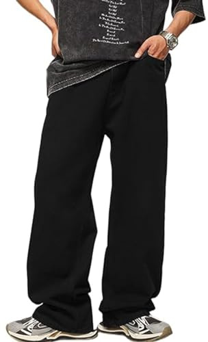 FYHTC Men's Baggy Jeans - Y2k Skater Vintage Plain Pants, Wide Leg, Loose Fit Denim Hip Hop Jeans (Black, Medium)