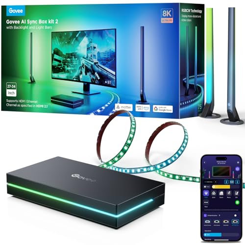 Govee HDMI 2.1 AI Sync Box Kit 2, Includes Light Bars, and Monitor Backlight, Supports 8K@60Hz, 4K@144Hz, VRR and ALLM, Works with Matter and Alexa, RGBIC Light Strip for 27-34 inch Monitor