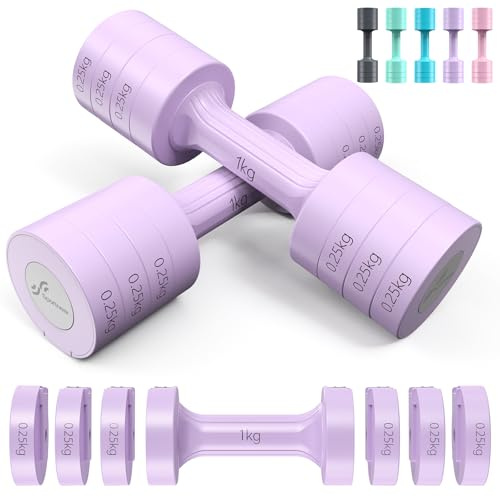 Sportneer Juego de mancuernas ajustables: cada una de 1 kg/1,5 kg/2 kg/2,5 kg (2 kg a 5 kg por par), juego de mancuernas 4 en 1 para mujer, pesas para mujer, par de mancuernas ajustables para gimnasio