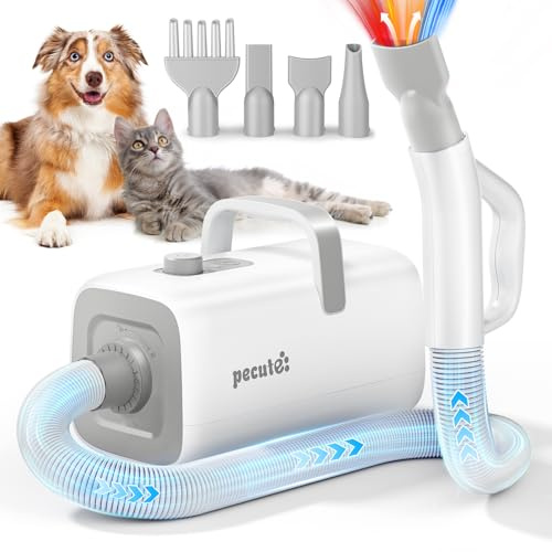 pecute Asciugatore per Cani Blower Molto Silenzioso, Soffiatore per Cani a Velocità Regolabile - con Modalità Caldo/Freddo, Phon Cane con 4 Diversi ugelli, Tubo Elastico e Spazzola la Cura