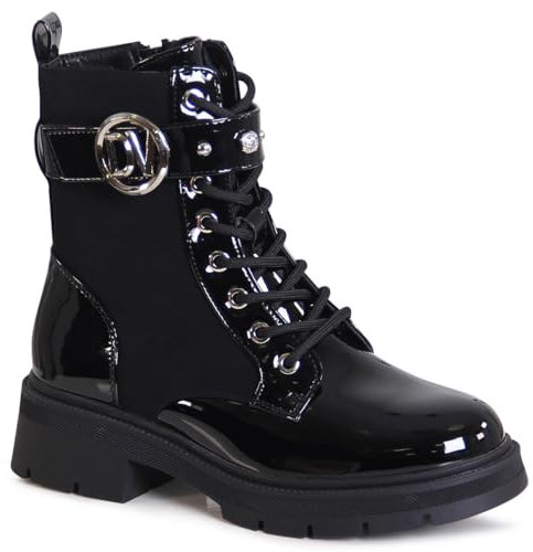 topschuhe24 3109 Damen Plateau Stiefeletten Lack Worker Biker Boots, Farbe:Schwarz Lack, Größe:36 EU