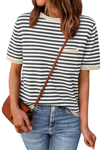 LILLUSORY Womens Spring Short Sleeve Sweater Shirts Tops Summer 2026 Cute Business Dressy Casual Teacher Trendy Outfits Clothes Blouse Work School Vacation Fashion Cotton Striped Apricot Black XL