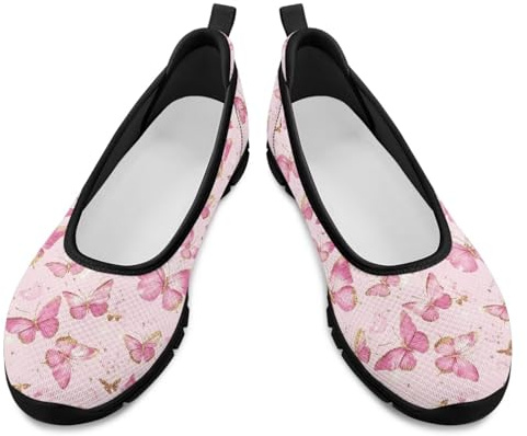 Binienty Pink Butterfly Women's Walking Shoes Lightweight Knit Slip on Mesh Barefoot Sneakers with Memory Foam Comfortable Low Top Wedge Dressy Ballet Flats, US 10