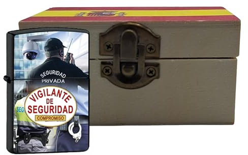 Mechero de Recargable Recargable Gasolina. Se Envía en Cajita de Madera con la Bandera de España. (Vigilante de Seguridad)