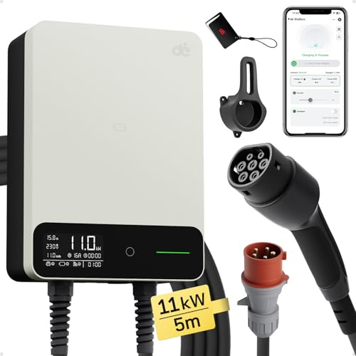 dé Borne de Recharge Véhicules Électrique 11kW APP [6-16A, Triphasé] Wallbox 11kW avec Câble Type 2 5m, RFID, Borne de Recharge avec RCD Type-B et ip54 pour E-208 et Autres BEV/PHEV, Blanc