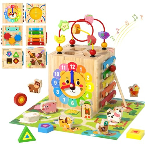 LZDMY Baby Montessori Toys for 1 2 3 years old, 1st Birthday Gifts for Boys Girls, 7-in-1 Wooden Activity Cube, Educational Sensory Toys for Babies Toddlers