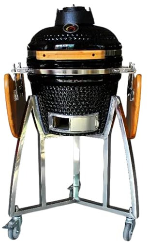 Kamado, barbecue giapponese in ceramica, diametro 40 cm, tavolini pieghevoli, ruote, carbone, termometro incorporato, manico in legno, colore nero, ideale per giardino, terrazza, campeggio