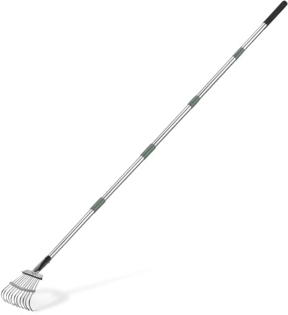 Amazon Basics - Rastrello da Giardino, Manico in Acciaio Regolabile da 98 cm a 204.5 cm, Oliva/Nero/Argento