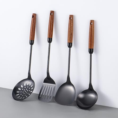 4 Pezzi Utensili Da Cucina Set,acciaio inox, mspatola per wok, mestolo, cucchiaio forato e set di strumenti per spatola,manico in legno, lavabile in lavastoviglie (Nero)