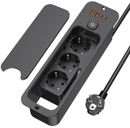 Sänkbart uttag med USB, 3-vägs inbyggt uttag med dammskydd, bordsskiva, försänkt uttag med 2 USB C, inbyggd grenuttag med 1,8 m kabel för bänkskiva möbler, svart