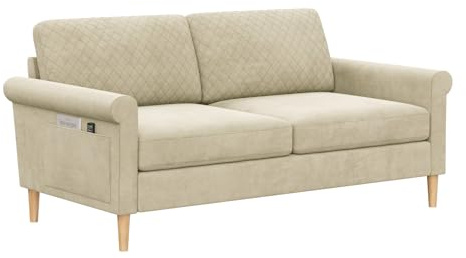 Vesgantti Fabric 2 Seater Sofa, 164cm Loveseat Sofa with Bilateral Pocket Storage, Tool-free Assembly, Upholstered Couch Perfect for Living Room, Bedroom, Office, Small Space, 164L*76D*85Hcm, Beige