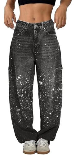 Barrel Jeans Damen Große Größen Weites Bein Jeanshose Glitzer Lang Freizeithose Stretch Bequeme Stoffhose Casual Wanderhose Oversized Jogginghose Loose Sporthose Leichte Streetwear Mit Taschen