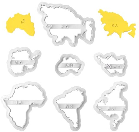 World Map Cookie Cutters Set - 7 Continents Cake Decorating Tools with Stencil for Sugar Cookies, Fondant, Pastry, Cupcakes Baking Supplies