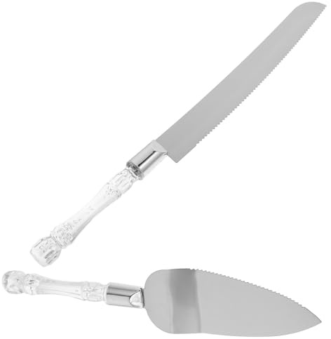 FUNNETOYU Set 2 Pezzi Coltello da Torta e Spatola in Acciaio Inox Manico in Cristallo, Paletta per Servire Torta e Pizza, Accessori per Matrimonio e Festa, Utensili da Cucina per Dolci