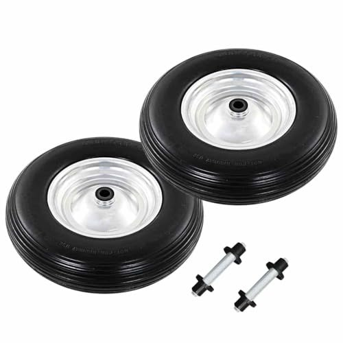 Mangloder skottkärrhjul, 2 stycken med axlar, hållbar PU elastomer, robust metallfälg, universell storlek, lämplig för verkstad, lager, byggplats, transportutrustning, hög stabil