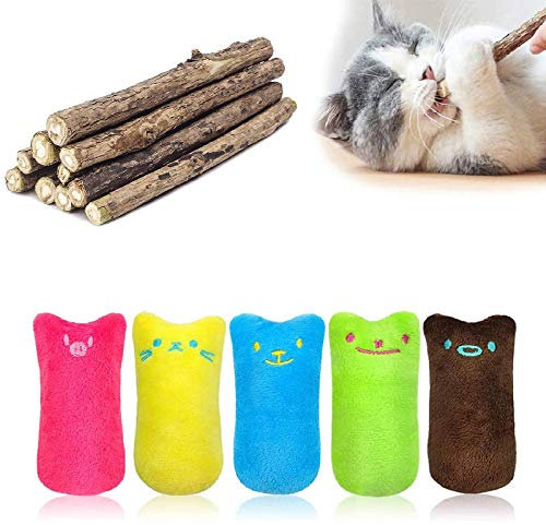 MOULLY 5 Stück Katzenminze-Spielzeug+10 Stück Katzenminze Sticks, Katzenminze-Spielzeug, Oreiller, Katzenminze, Kauspielzeug, kreatives Kissen, Katzenminze, Zähne, Schleifen, Kauspielzeug