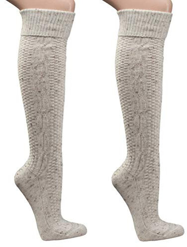 krautwear Herren Trachtenstrümpfe 2 Paar Trachten Kniestrumpf Zopfmuster Extralanger Schaft zum Umschlagen mit Wolle, beige, 43-46 (2 Paar Vorteilspack)