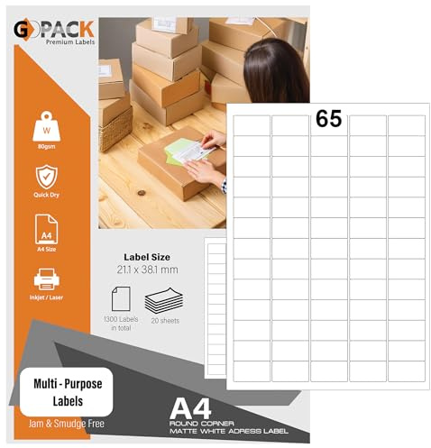 Adressetiketter självhäftande postetiketter för porto, bläckstråleskrivare och laserskrivare, A4 klibbigt ark (20 ark, 65 etiketter per ark)