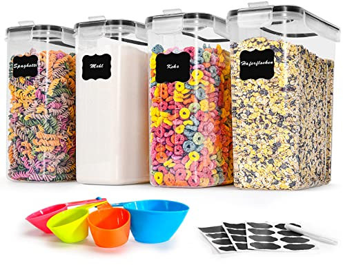 Vorratsdosen mit Deckel Luftdicht Groß 4L Set of 4, BPA frei, Aufbewahrungsbox Küche, Mottensichere Küchen Organizer Mehl Spaghetti Cornflakes Müsli Aufbewahrung, Vorratsbehälter mit Etiketten