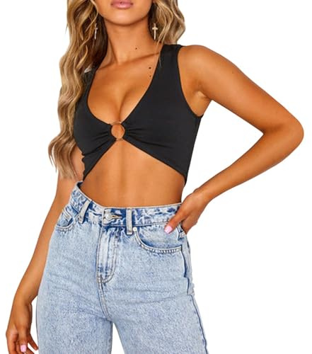 QKEPCY Mujer Camiseta Sexy Crop Top Elástico Manga Corta Verano Casual sin Mangas T-Shirt Y2K Tops Cut out Streetwear Informal (Negro L)