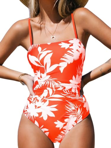 CUPSHE Women's One Piece Swimsuit Square Neck Cutout Back Tummy Control Adjustable Straps Striped Swimwear, L Orange Floral
