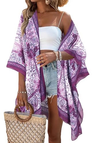breezy lane Kimono da donna floreale cardigan bikini spiaggia copertura casual costumi da bagno per le vacanze, Un Paisley Viola, Etichettalia unica