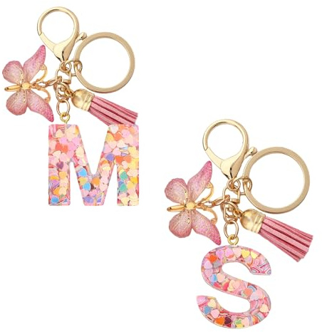 KRYMSON Lot de 2 porte-clés avec lettres M et S - Pendentif en résine de papillon - Rose - Pour sac ou voiture - Cadeau parfait pour les filles, Rose, 10,9 * 3,5 cm