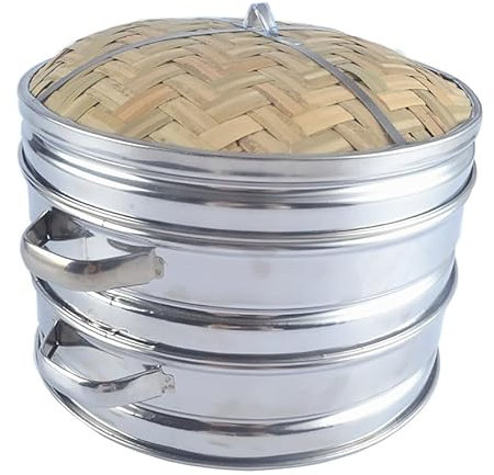 Cuiseur Vapeur Bambou avec INOX,2 étages De Panier Vapeu avec Couvercle,Vapeur Pot Panier Cuisiner à la Vapeur Cuit Vapeur en Bambou pour Riz LéGumes Viande Poisson Boulettes Dim Sum