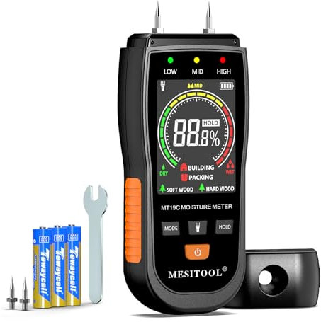 MESITOOL Humidimètre pour bois Humidimètre Écran LCD avec rétroéclairage vert, Détecteur d'humidité pour murs, bois, maçonnerie, plâtre, matériaux de construction (MT19C)
