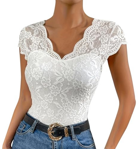 Odizli Spitzen Oberteile Damen Sommer Elegant Sexy Cap Sleeve V-Ausschnitt Blume Spitze Enge Top T-Shirt Bluse Spitzentop Spitzenbluse Festliche Hochzeit Party Trachtenbluse Weiß L