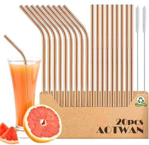 AOTWAN Metal Straws Rose Gold Stainless Steel Straws 20Pcs Include 9 Straight + 9 Bent + 2 Cleaning Brushes Metal Straws Drinking Reusable Straw for Smoothie,Milkshake,Cocktail