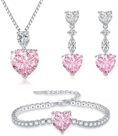 Glintara Silber Schmucksets für Damen, 925 Sterling Silber Halskette Ohrringe Armband Set, Herz Schmuck Set mit Rosa Zirkonia, 3PCS Anhänger mit 45cm Kette & Hängeohrringe & Armkette für Mädchen